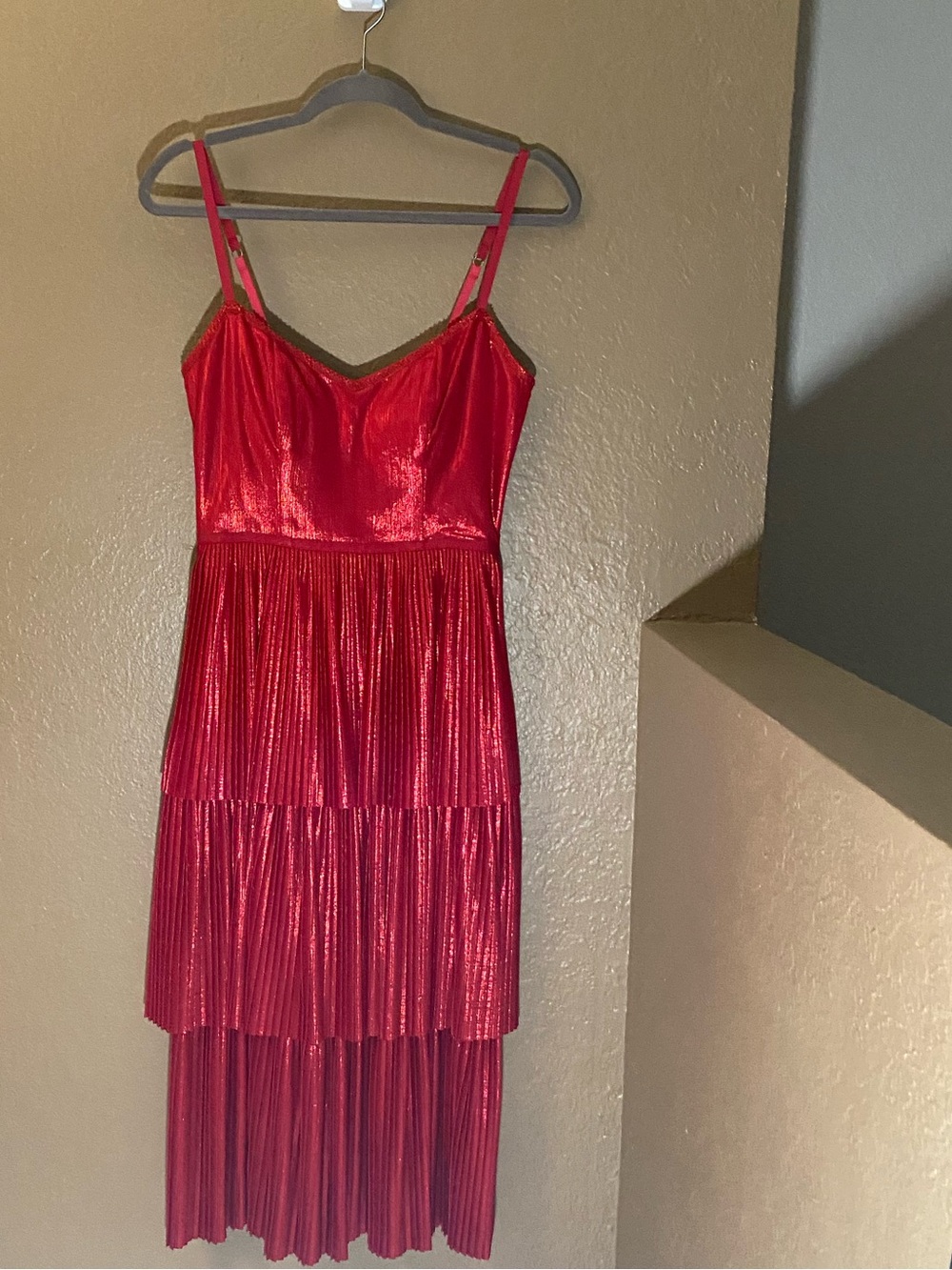 Marchesa Metallic Red Tiered Midi Slip Dress